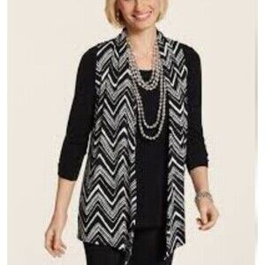 Chicos Travelers Open Front Vest Womens 2/Large Black Chevron Stretch Zig Zag